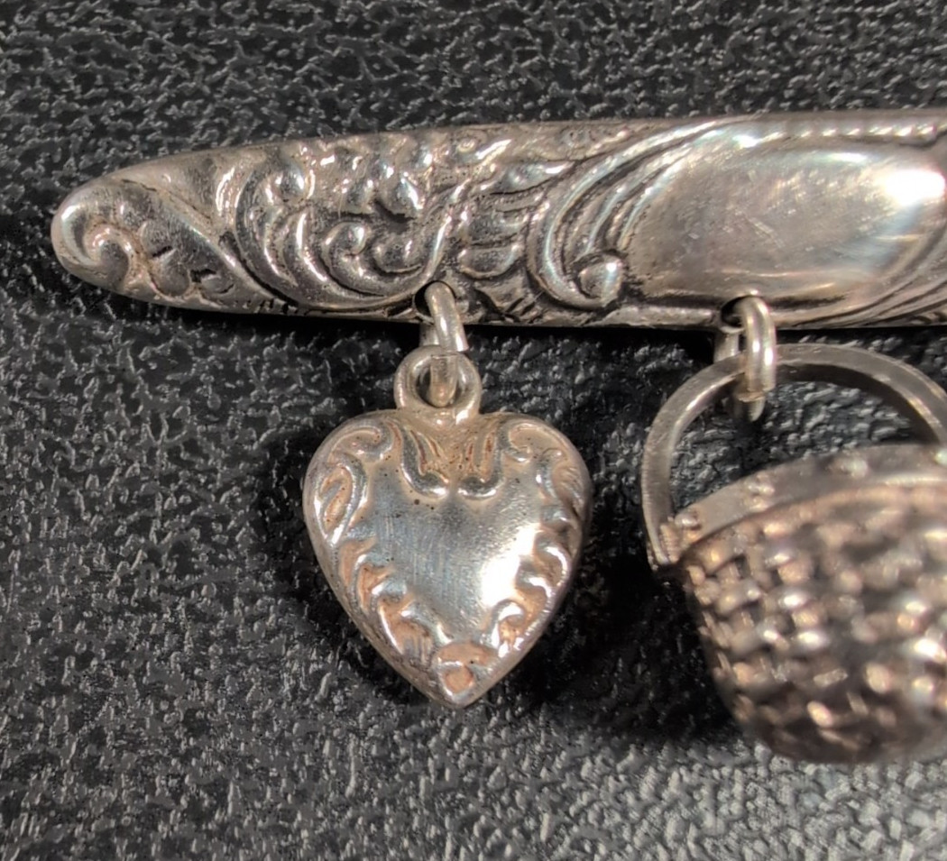 Bar Brooch Flowers &Scroll Design – Hearts and Basket Dangles – Sterling – Vtg