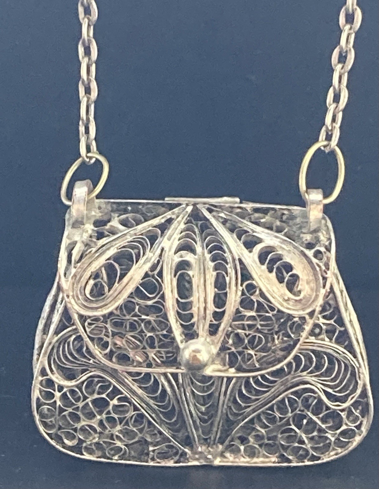 Vintage Silver FILIGREE Purse Necklace 35″ Long Chain Perfume Keepsake Holder