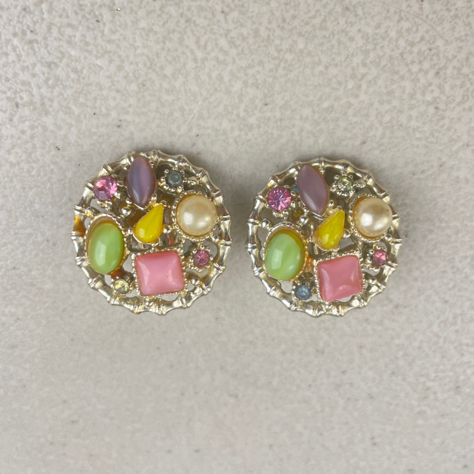 Vintage Colorful Bead Round Earrings 1970s Glass Crystal & Acrylic Clip Ons