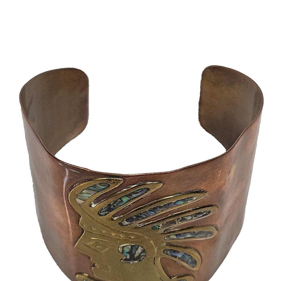 Vintage Copper Brass & Abalone Inlay Cuff Bracelet Boho Bohemian Folk Art Mexico