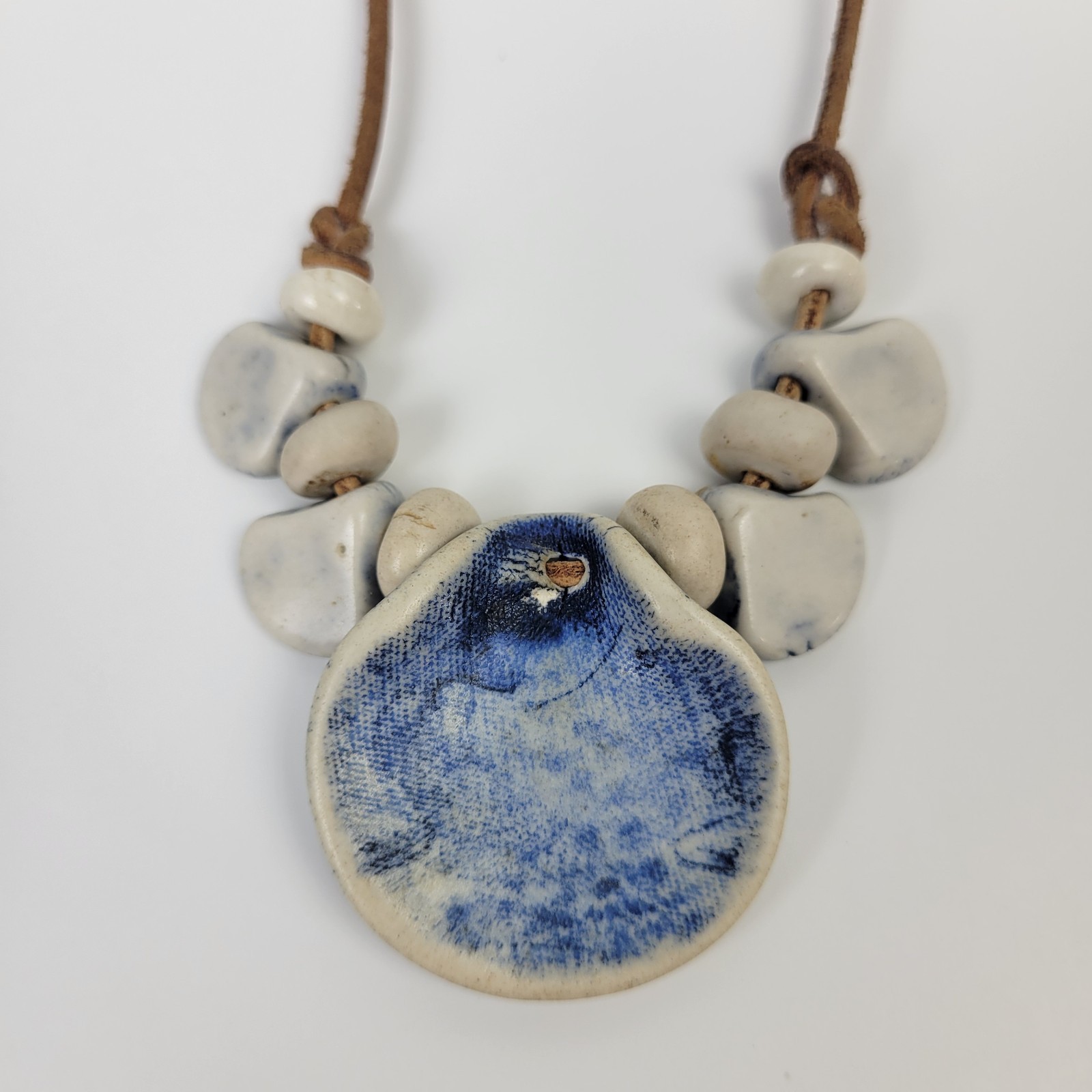 Vtg Artisan Bohemian Pottery Pendant~Choker Necklace Leather Cord Blue White