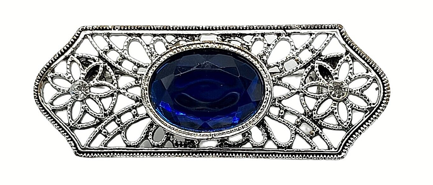 Filigree Center Bar Pin Brooch Silver Tone Blue Crystal Acrylic Floral Design