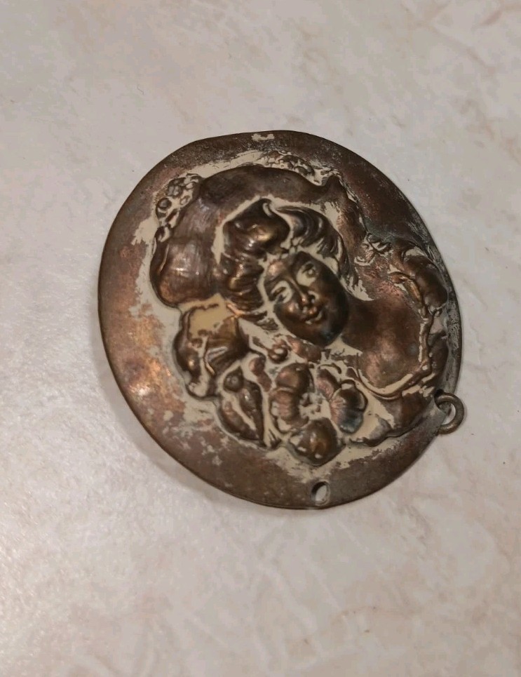 Antique Art Nouveau Lady Portrait Brooch Dress Ornament Sash Pin Brass C1900