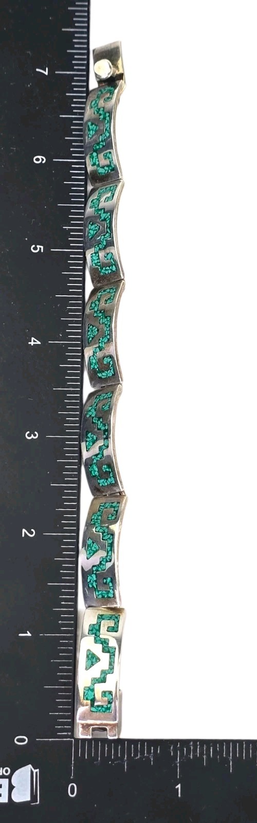 Vintage Signed Taxco Mexico Sterling Silver Turquoise Chip Inlay Link Bracelet