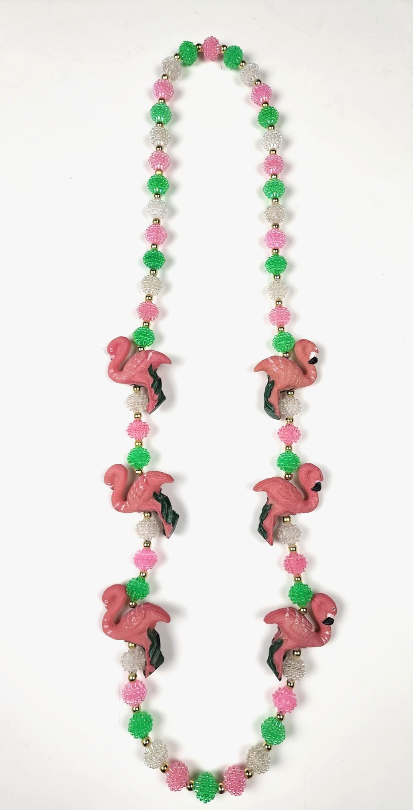 VTG Pastel Resin POPCORN Beaded Flamingo Necklace Pink Green FUN witty Wear
