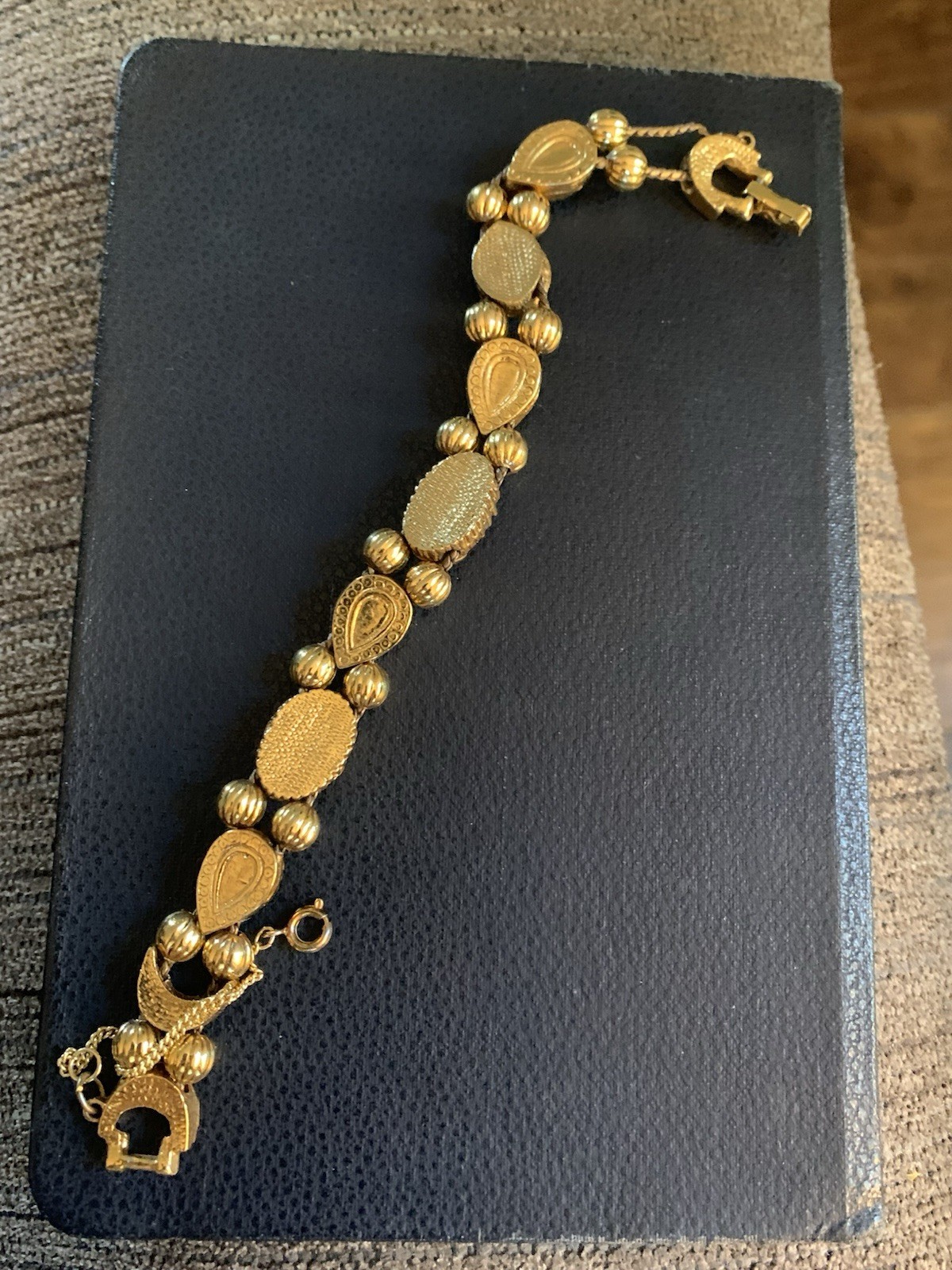 Vintage Victorian charm slide bracelet Gold Tone Faux Gemstones Free Ship