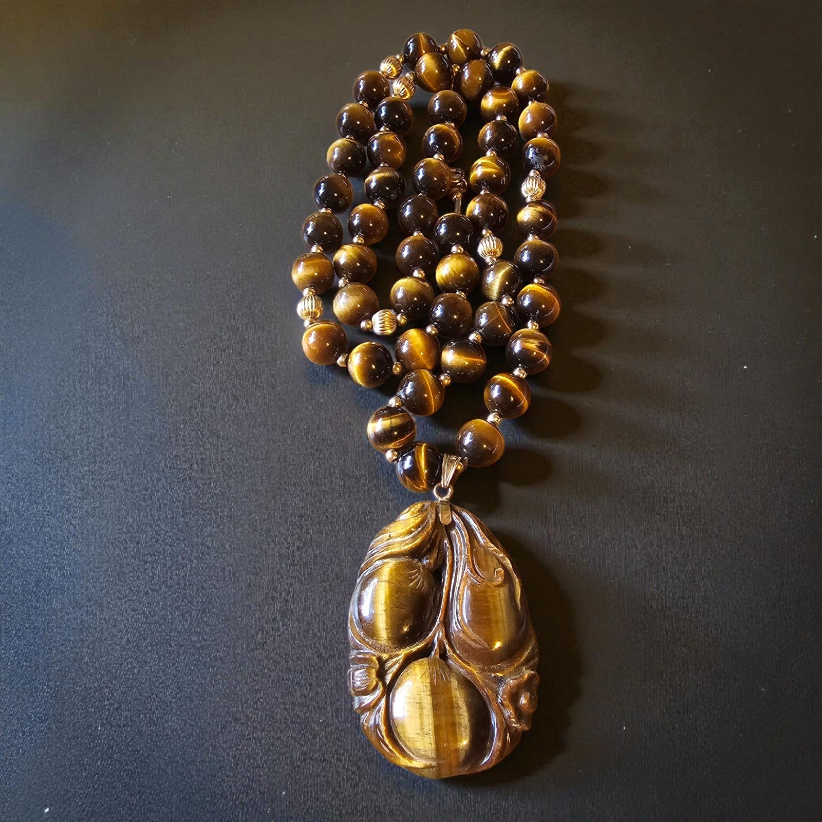14k Gold Tigers Eye Carved Peach Floral 2″ Pendant 26″ NECKLACE 96 GR