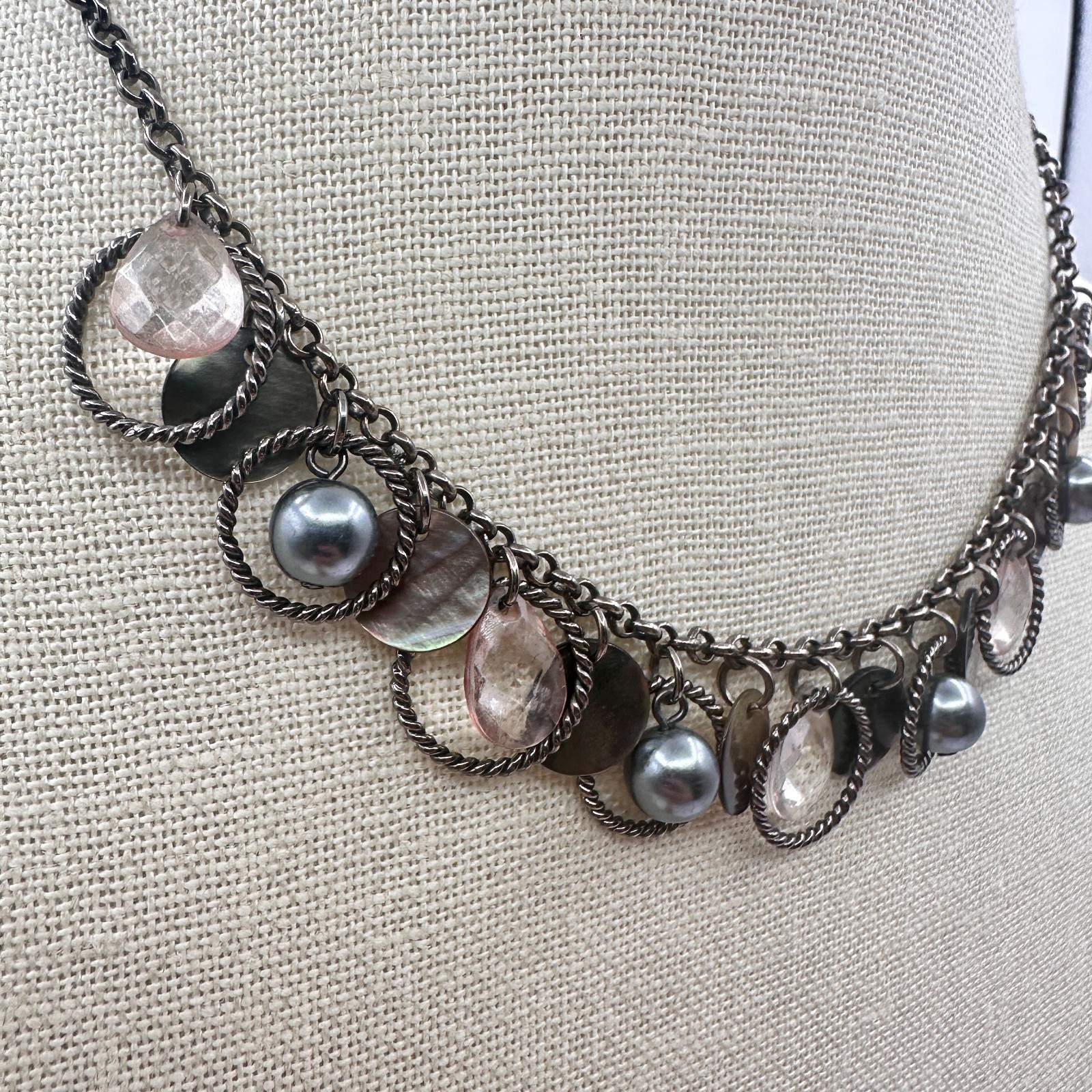 VTG Gunmetal Faux Tahitian Pearl Rose Quartz Choker Bib Necklace Charm Fringe