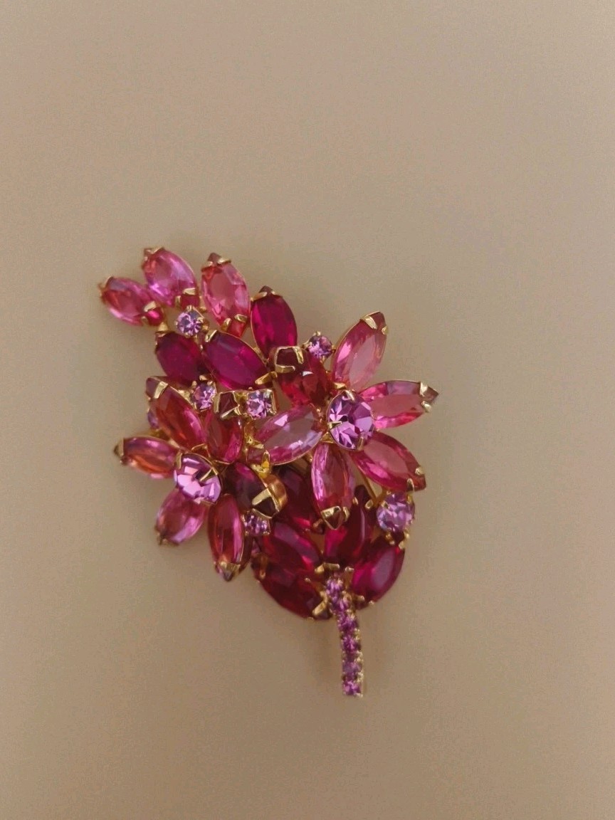 Juliana Layered Rose Pink & Ruby Red Dbl Flower Rhinestone Brooch #85