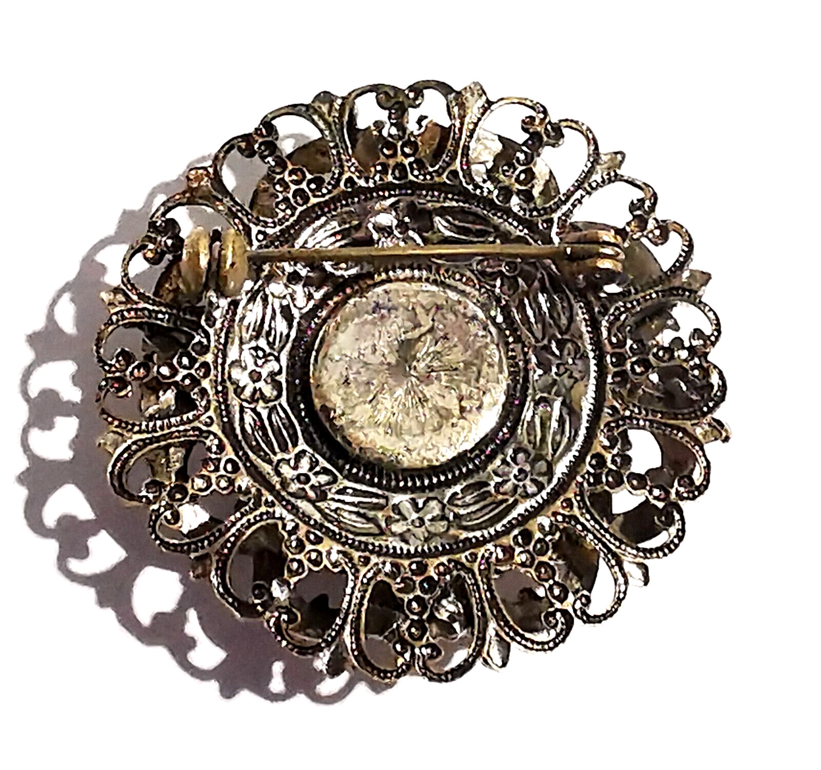 Vintage Czech Brown Glass Brooch Pin Silvered Brass Ornaments Dragon Handmade