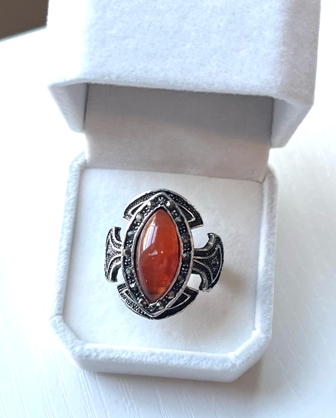 Vintage Carnelian & Marcasite Cross-Shaped Statement Ring Size Adjustable