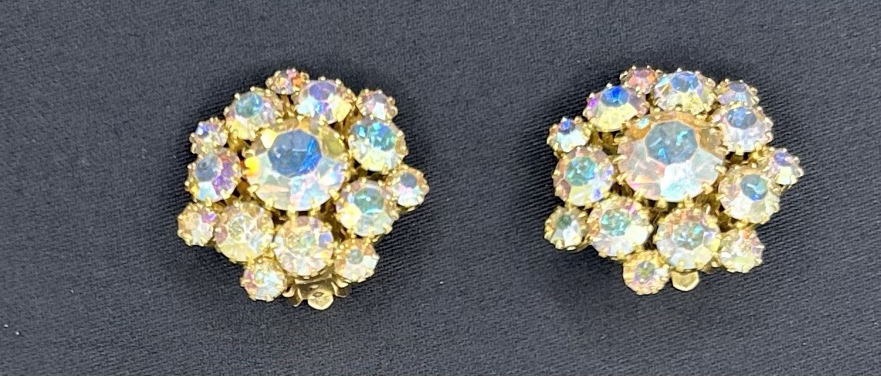 Iridescent Clip On Earrings Cluster Prong-set Rhinestones In Floral Design