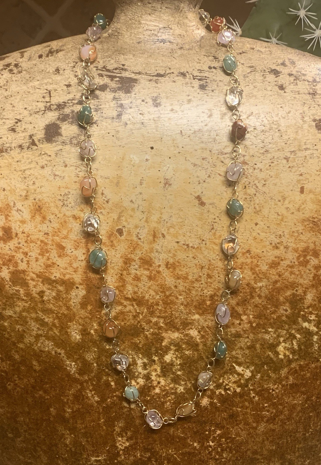 Gold & Natural Gemstone Cage Necklace 24 Inches Vintage