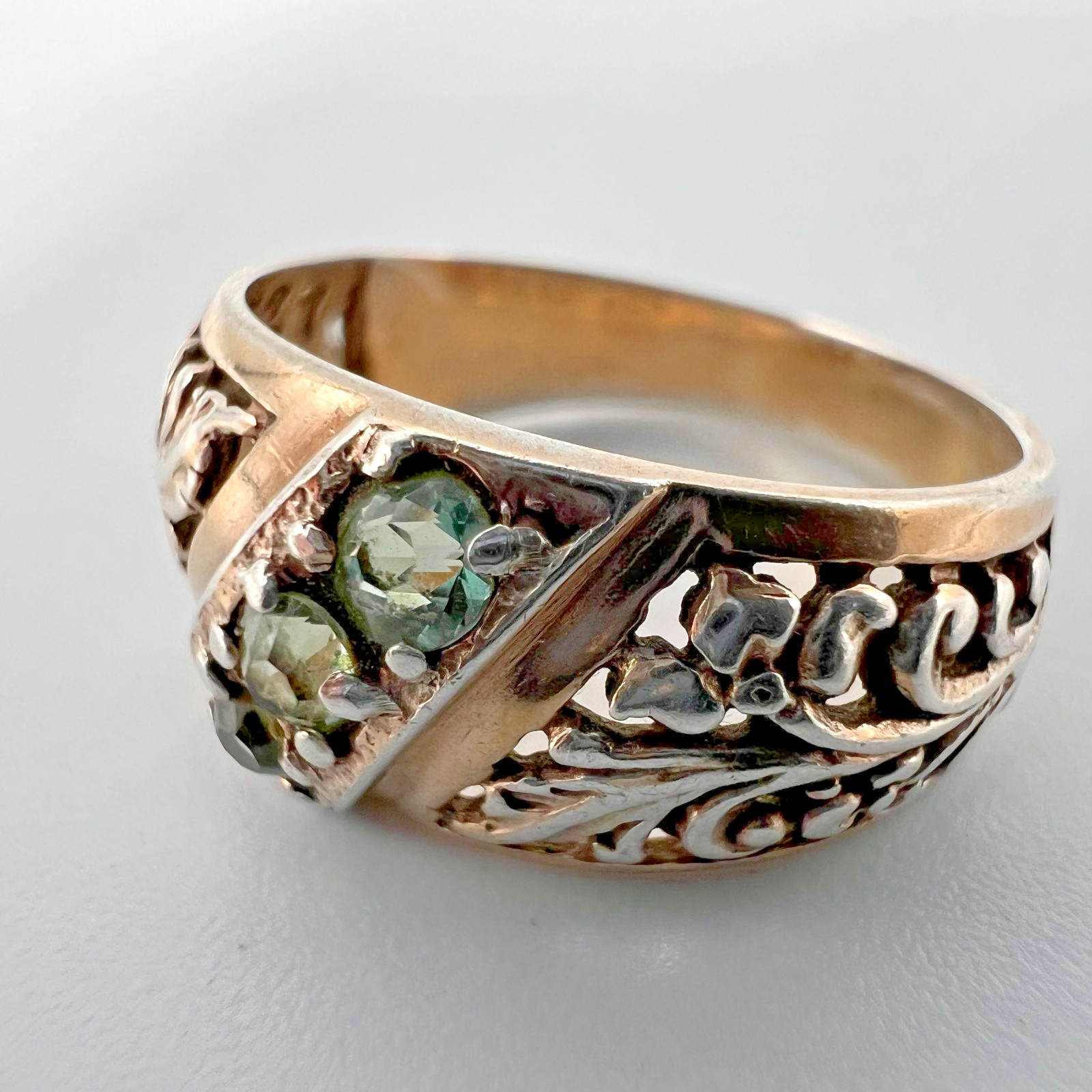 Vintage Soviet Silver 875 Ring with Green Stones Floral Design Size 6.5