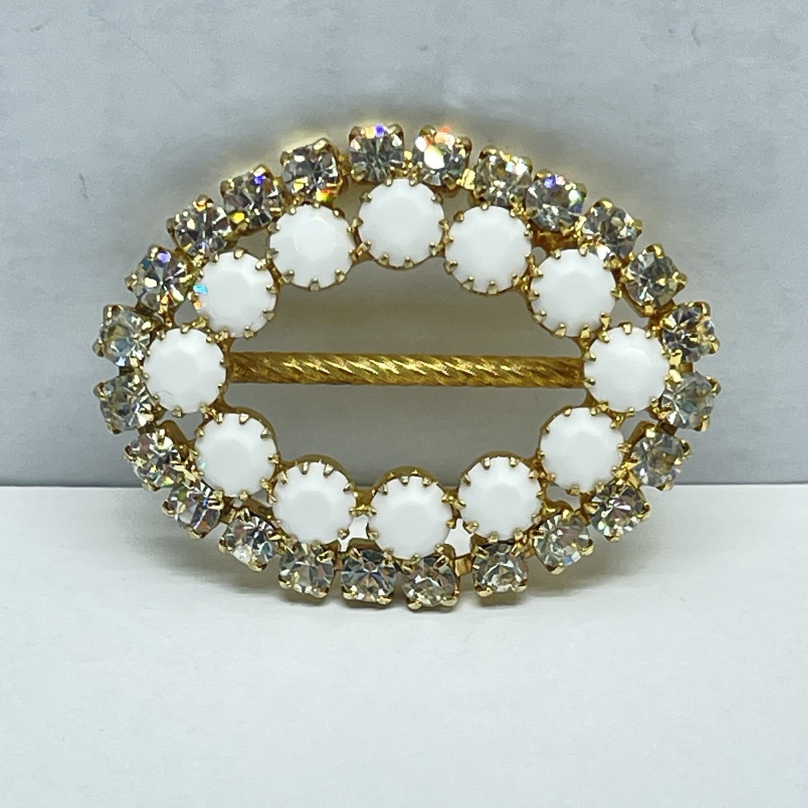 Vintage Gold Tone Oval Scarf Slide Rhinestones And Faceted Milk Stones