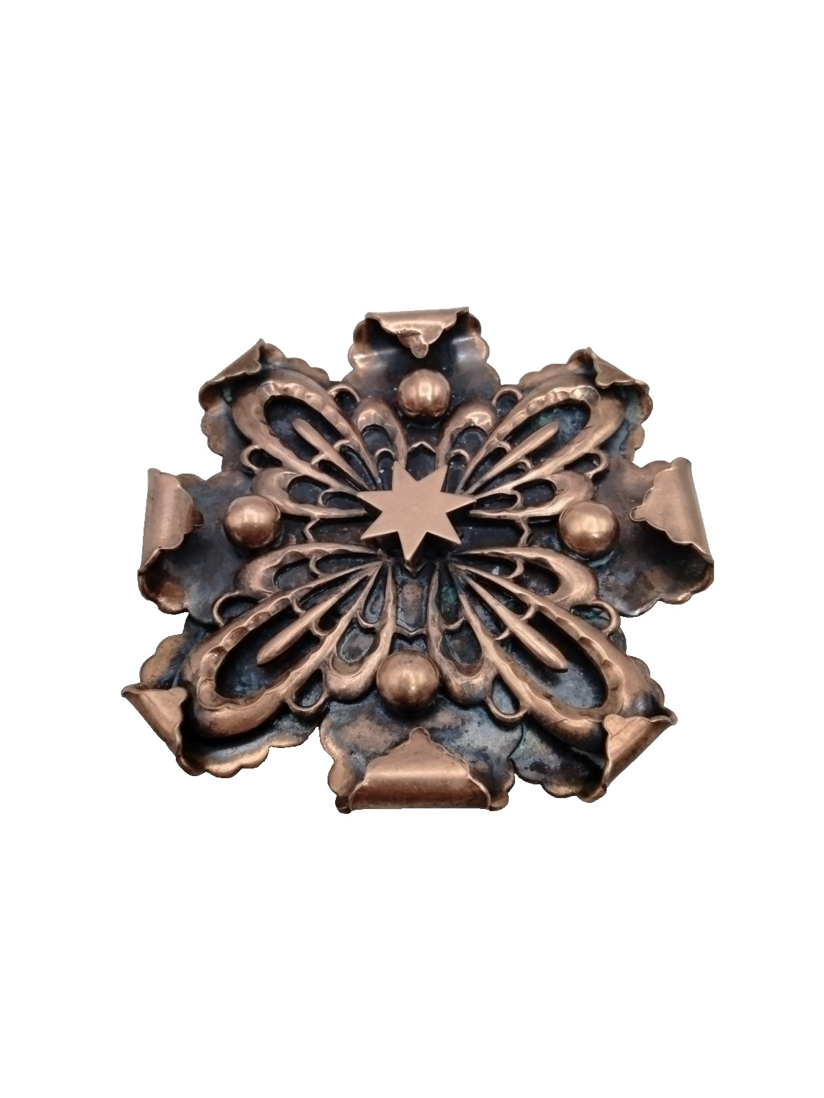 Artisan Crafted Copper Flower Brooch Pin Boho Dimensional Star Medallion Jewelry