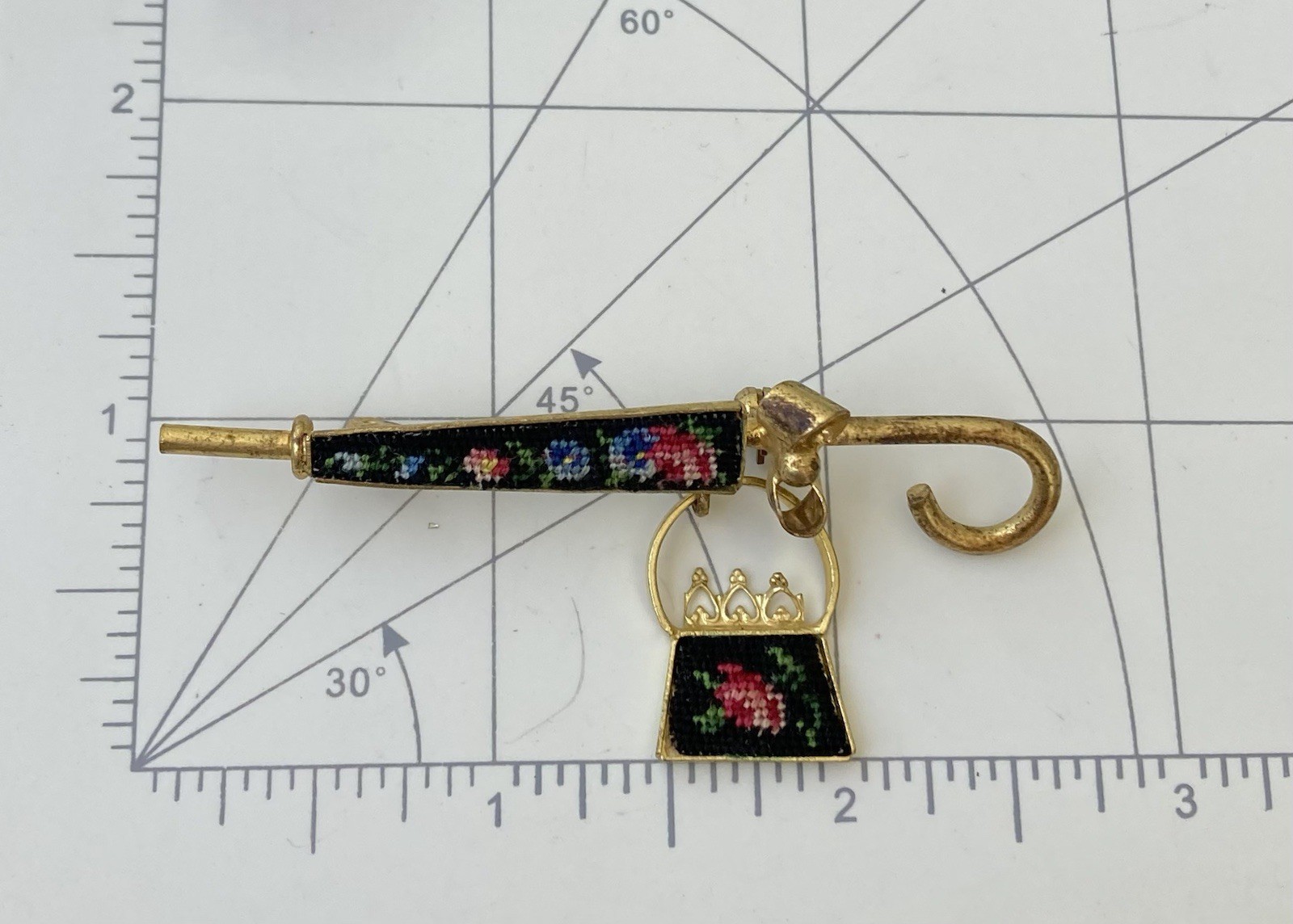 Vintage needlepoint umbrella w/ dangle purse brooch pin