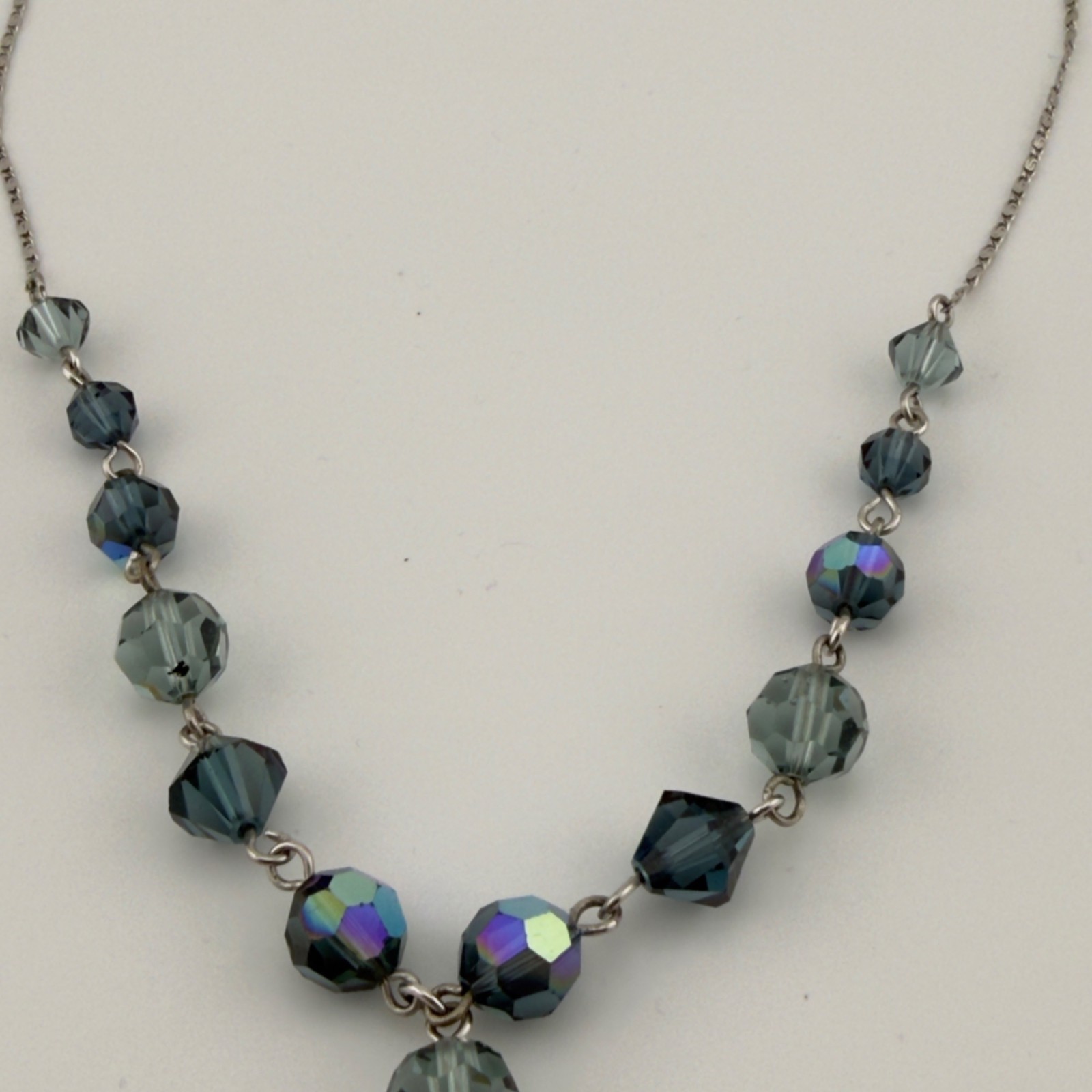 Givenchy Signed Blue Crystal Y Drop Necklace Silver Tone Chain Lariat 18″