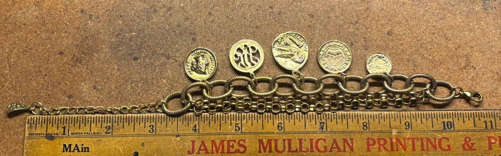 Vintage YOCHI NY Multi Chain Link GREEN ROMAN BRITISH SWISS GOLD COIN Bracelet