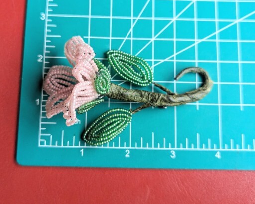 Vintage Handmade PINK Petal Seed Bead Flower Brooch 3¾” Pin GREEN Leaves Stem