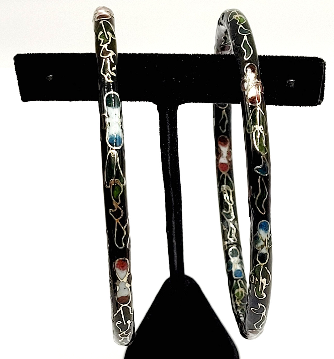2 Cloisonné Asian Inspired Black Dark Shiny Floral Hand Painted Bangle Bracelet