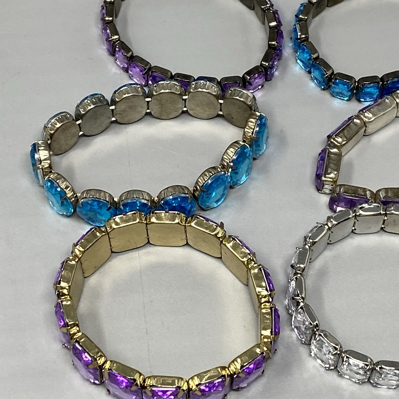 Rhinestone Stretch Bracelet Lot of 6 Blue Purple Clear Acrylic Silver Gold Tone