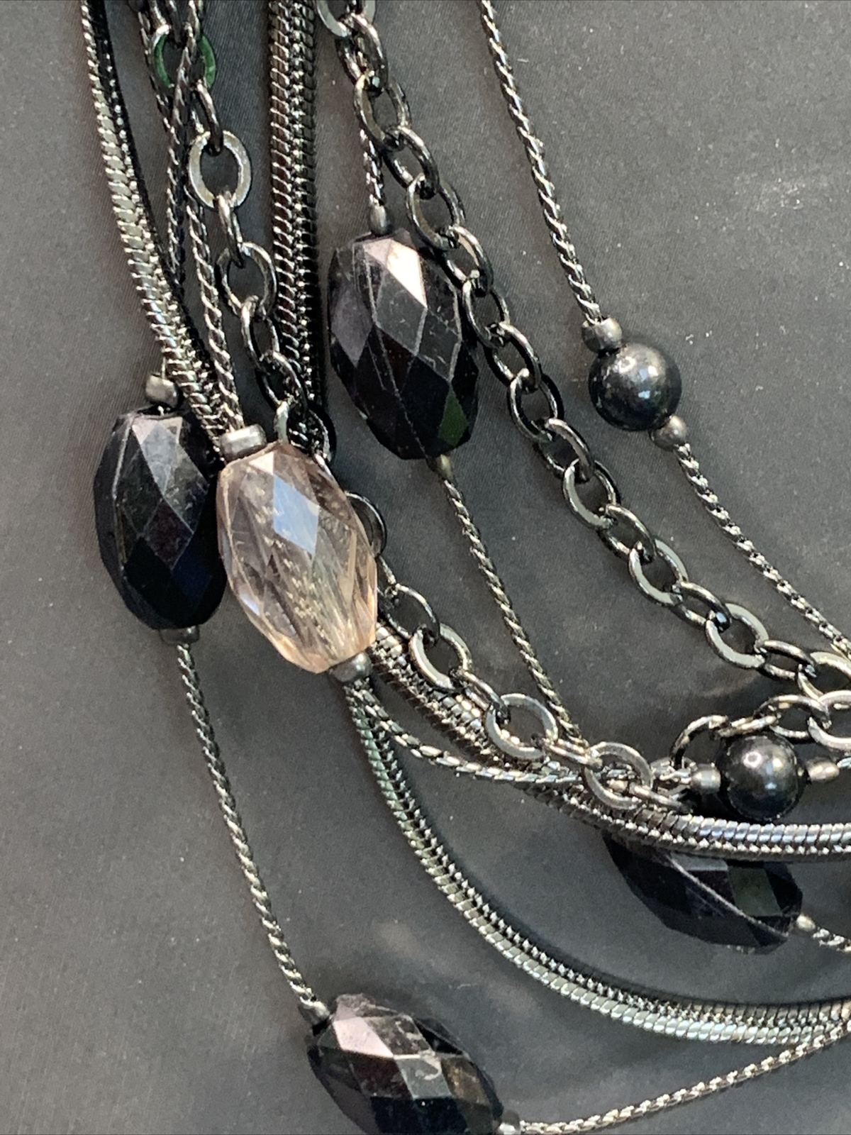 Black beaded long sweater necklace gunmetal gray￼necklace 40” 4 Strand