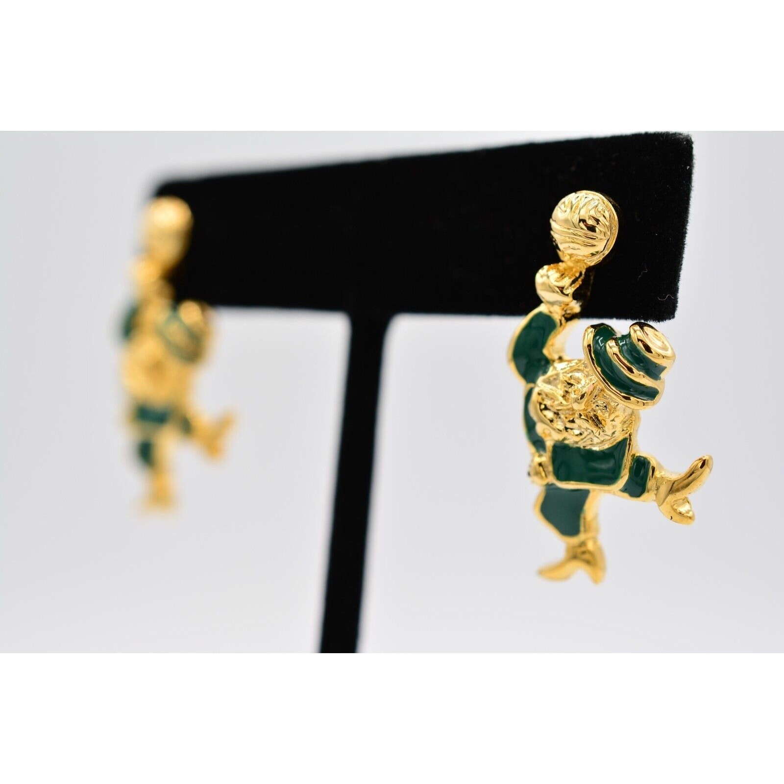 Vintage Lucky Leprechaun Earrings Dangle Green Gold St. Patrick’s Day 80s BinA6