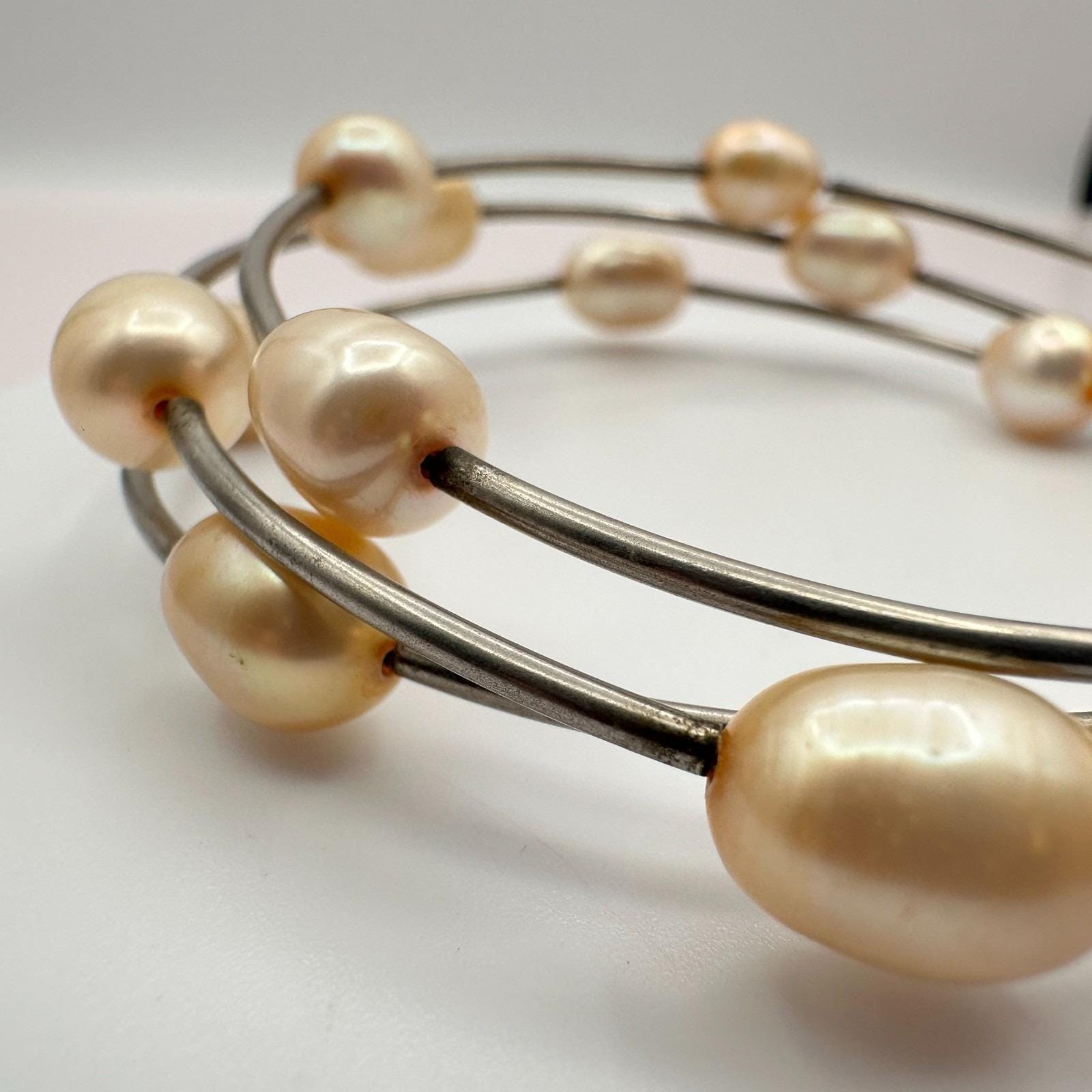 Vintage 90s Multi Strand Pearl Coil Wrap Bracelet Silver Tone Women’s Jewelry