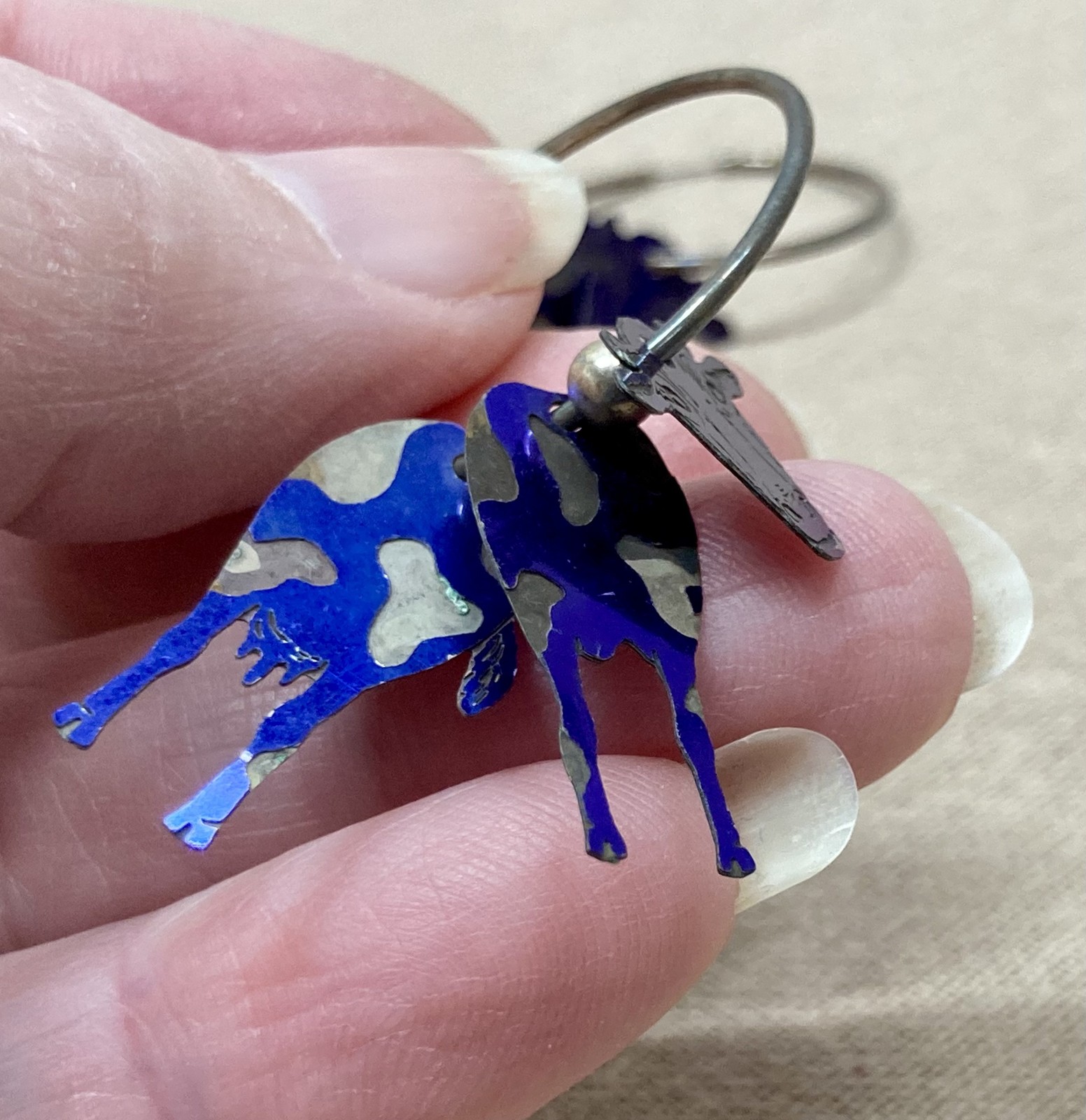 Vtg Sterling Silver 925 Blue Cow Hoop Pierced Earrings Animal Charm Dangle Drop
