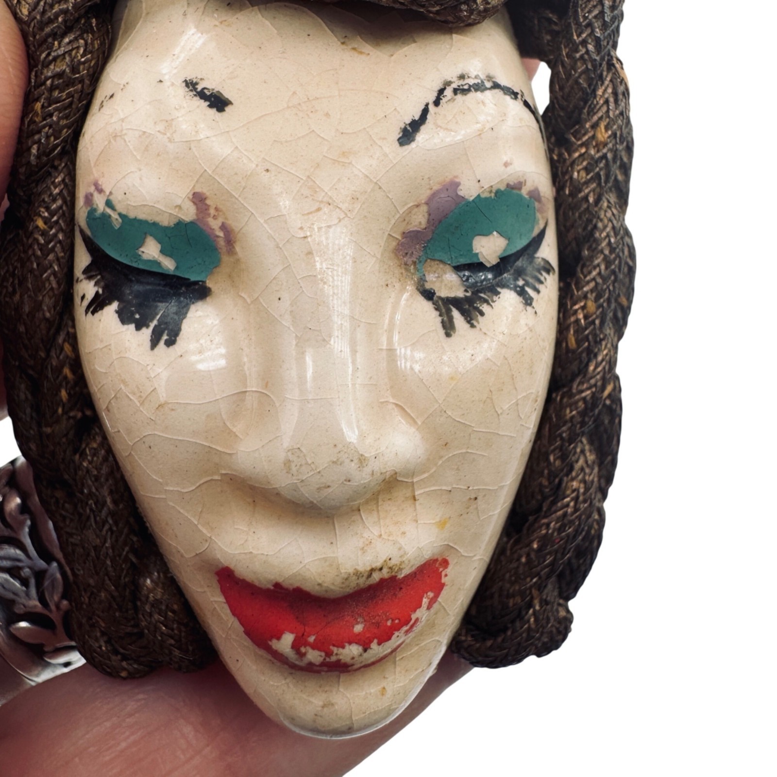 Elzac of Hollywood Victims of Fashion Ceramic Face Brooch Wood Back Vintage 1940