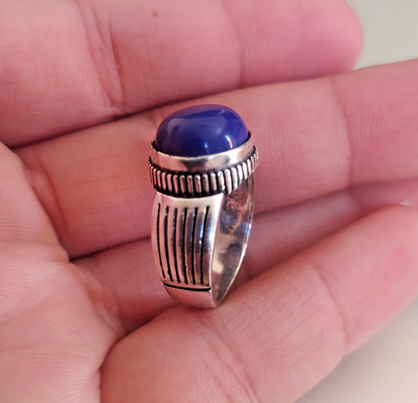 Ancient Vintage Victorian Sterling Silver Ring Natural Blue Lapis lazuli Size 9
