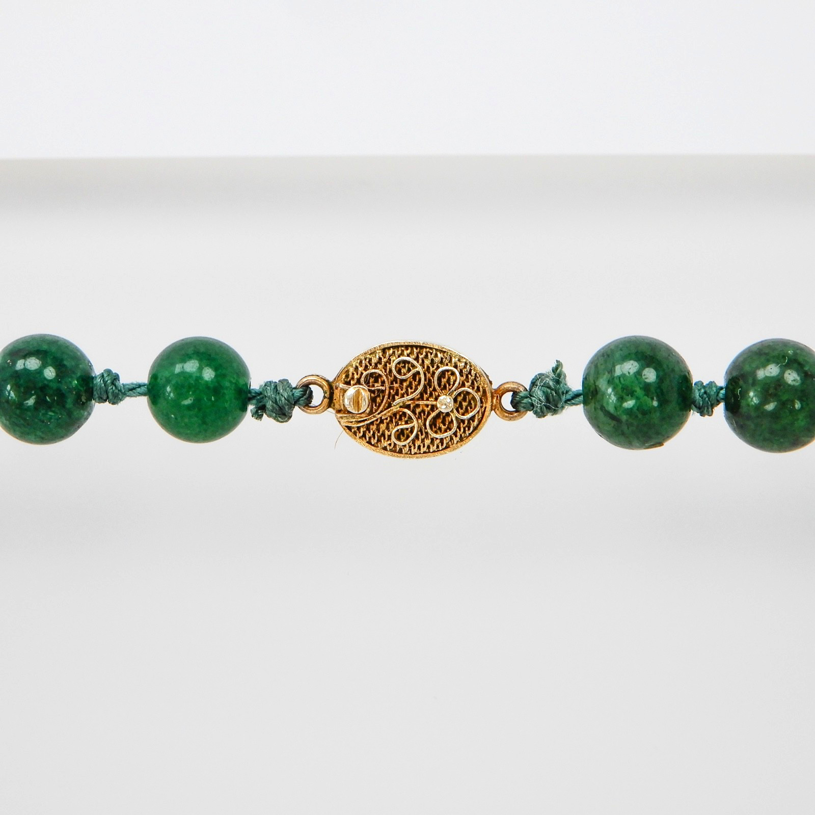 Vintage Green Jade Knotted Graduated Bead Necklace 26” 925 Silver Filigree Clasp