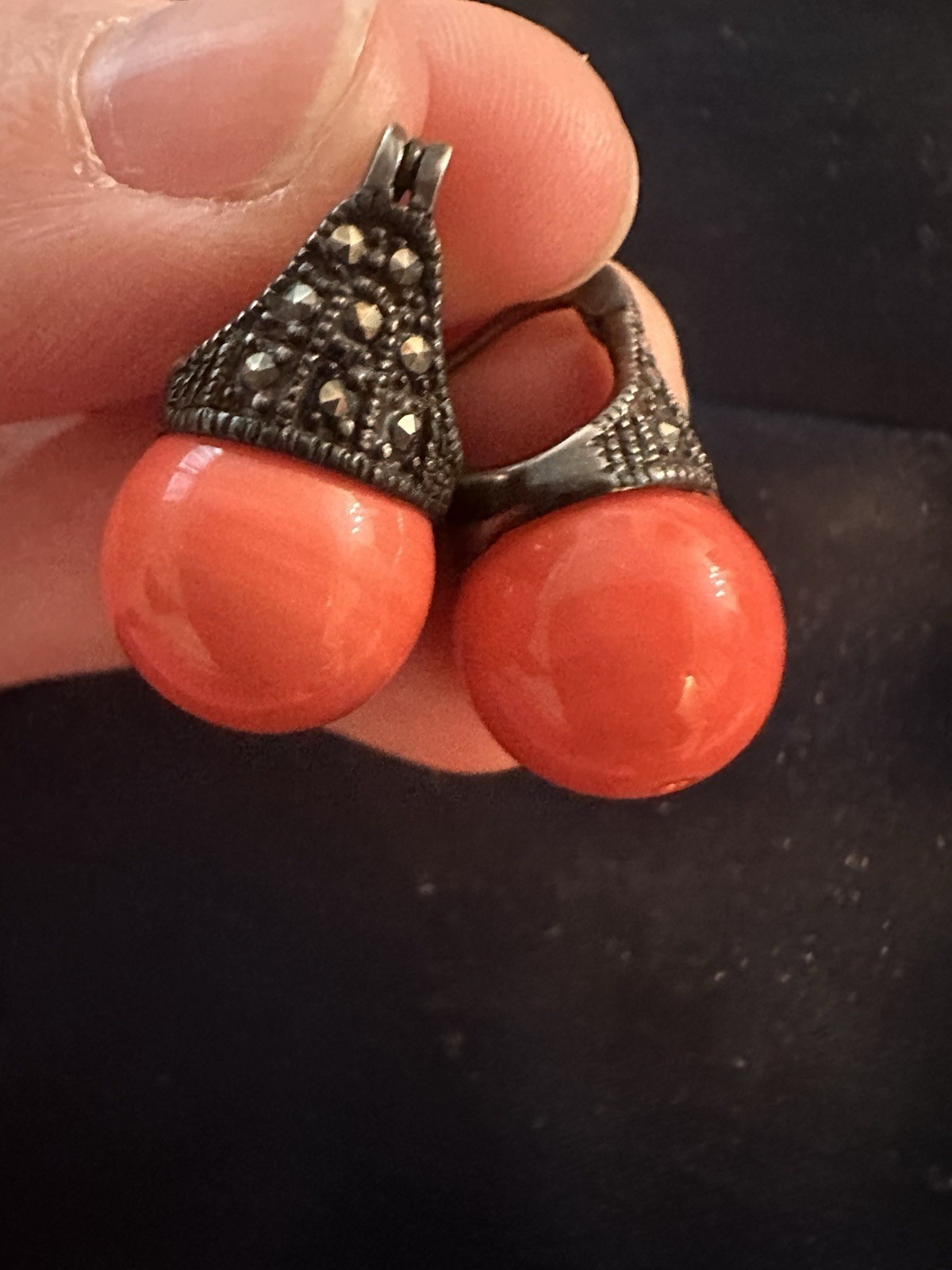 ART DECO STERLING SALMON CORAL BEAD MARCASITE HUGGIE LEVERBACK EARRINGS