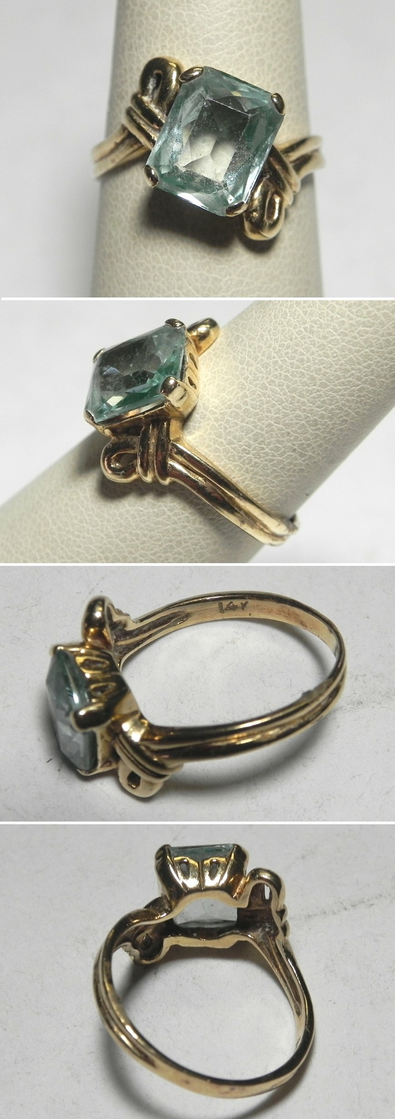 C1228 Vintage 14K Solid Yellow Gold Light Green Beryl Bypass Ring, Sz 7.5