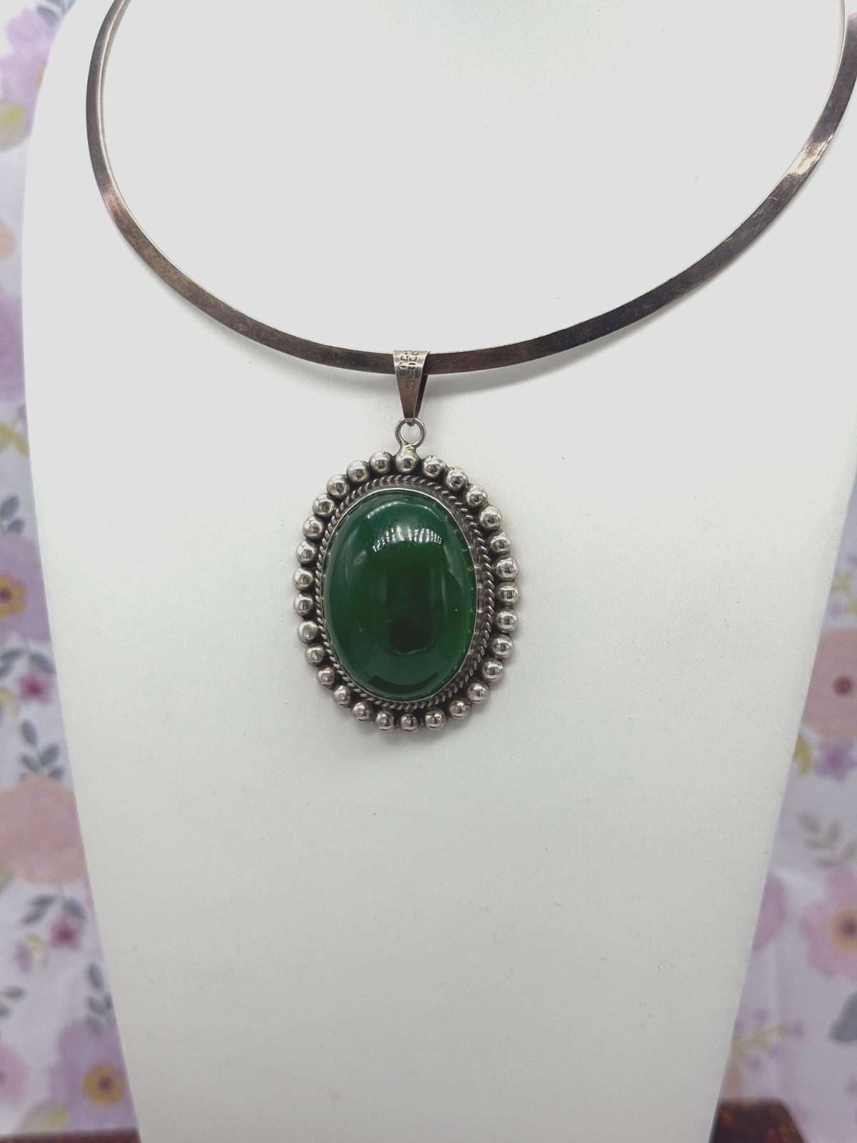 Vintage Taxco Silver Pendant TC 285 Mexico 925 Oval Green Glass Pendant ONLY