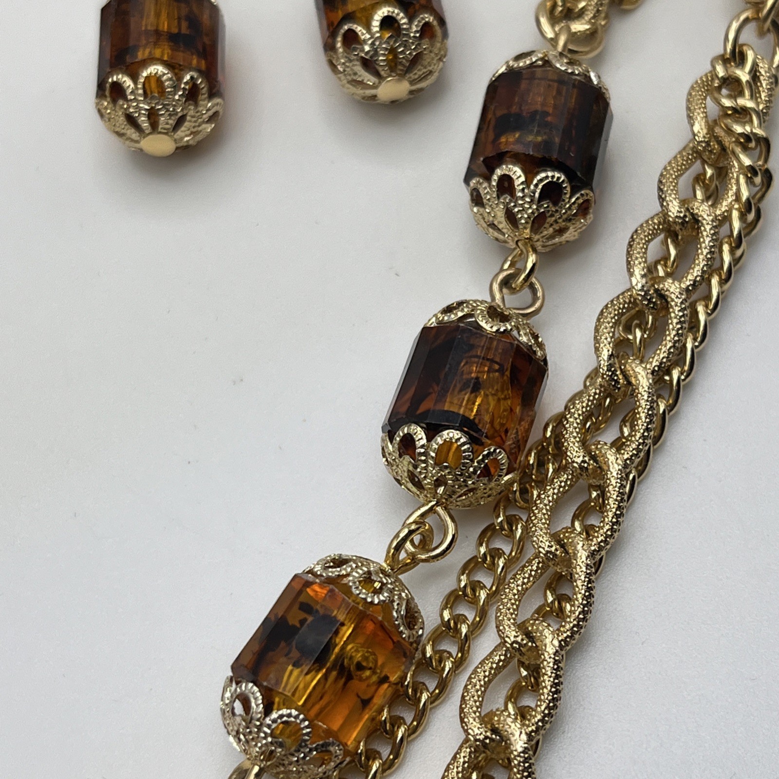 Vintage Sarah Coventry 50″ Long 3 Strand Gold Tone Necklace Barrel With Earrings