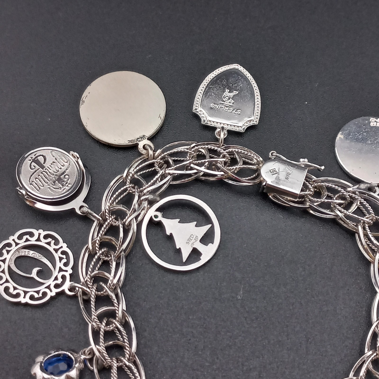 VTG Sterling Silver Charm Bracelet 44g 15 Charms Loaded Mother Travel 925 Heavy