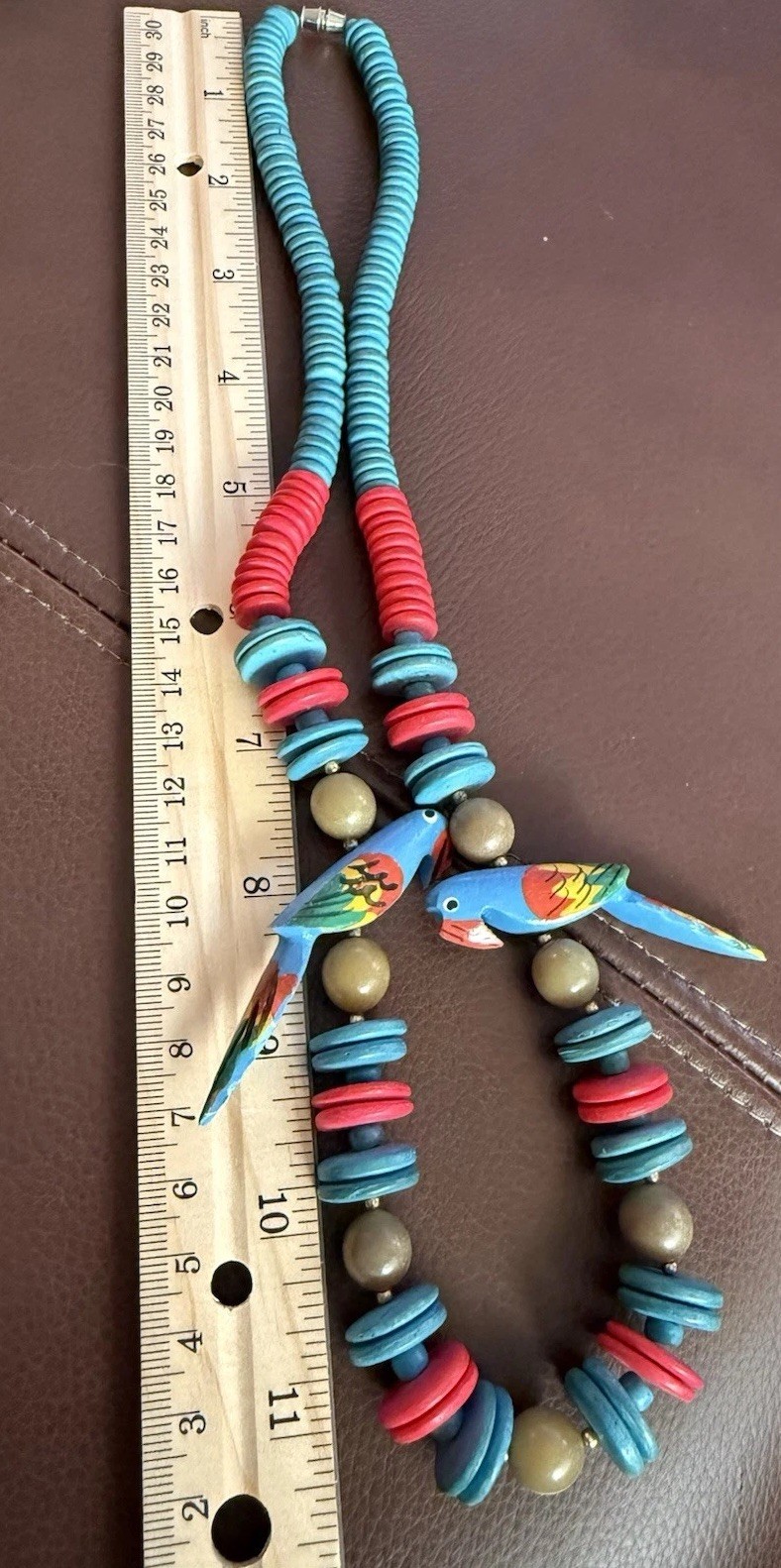 Vintage Wood Bead Necklace Carved Painted Parrot Tropical Colorful Boho 22”