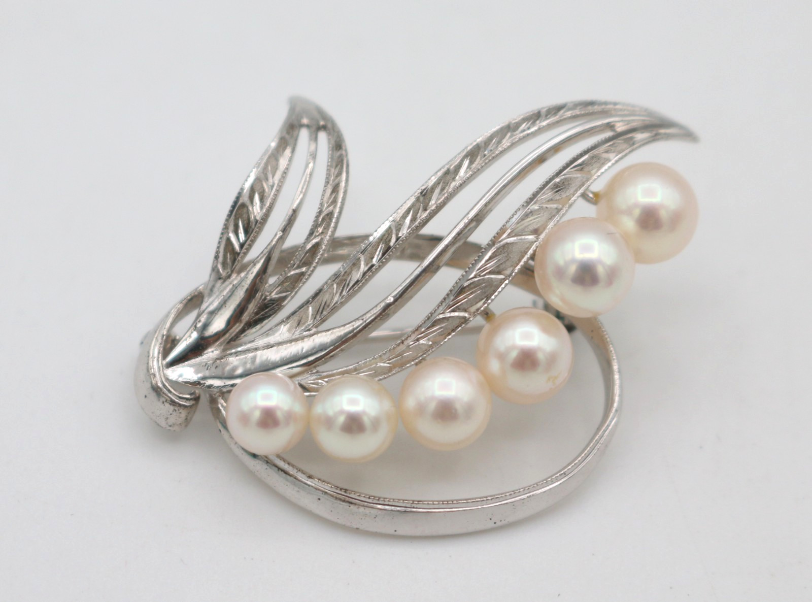 Vintage Mikimoto M S Signed Sterling Silver Akoya 6 Pearl Leaf Pin Brooch 7.15g