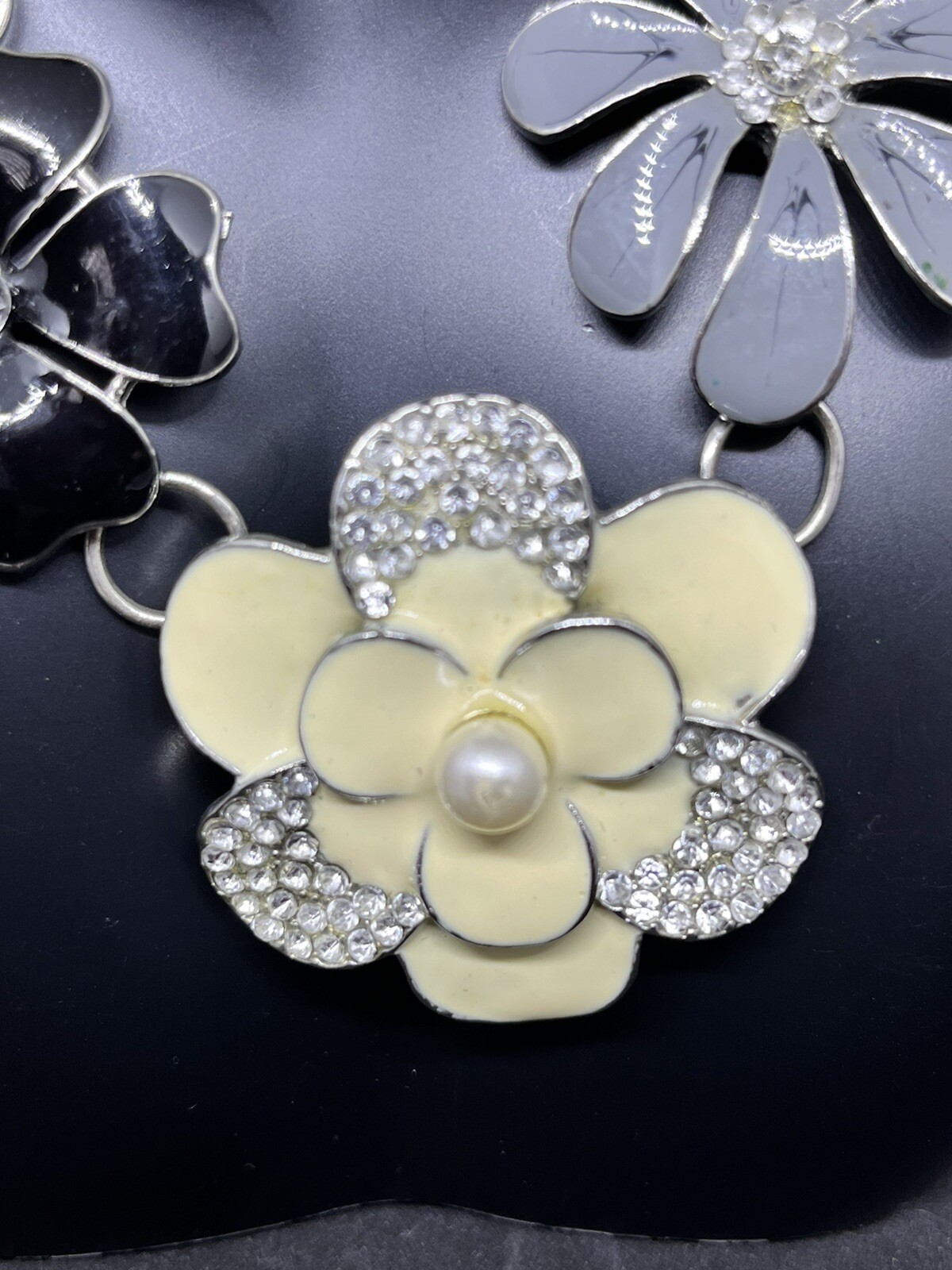 Cream And Gray Flowers With Rhinestones And Pearl Necklace