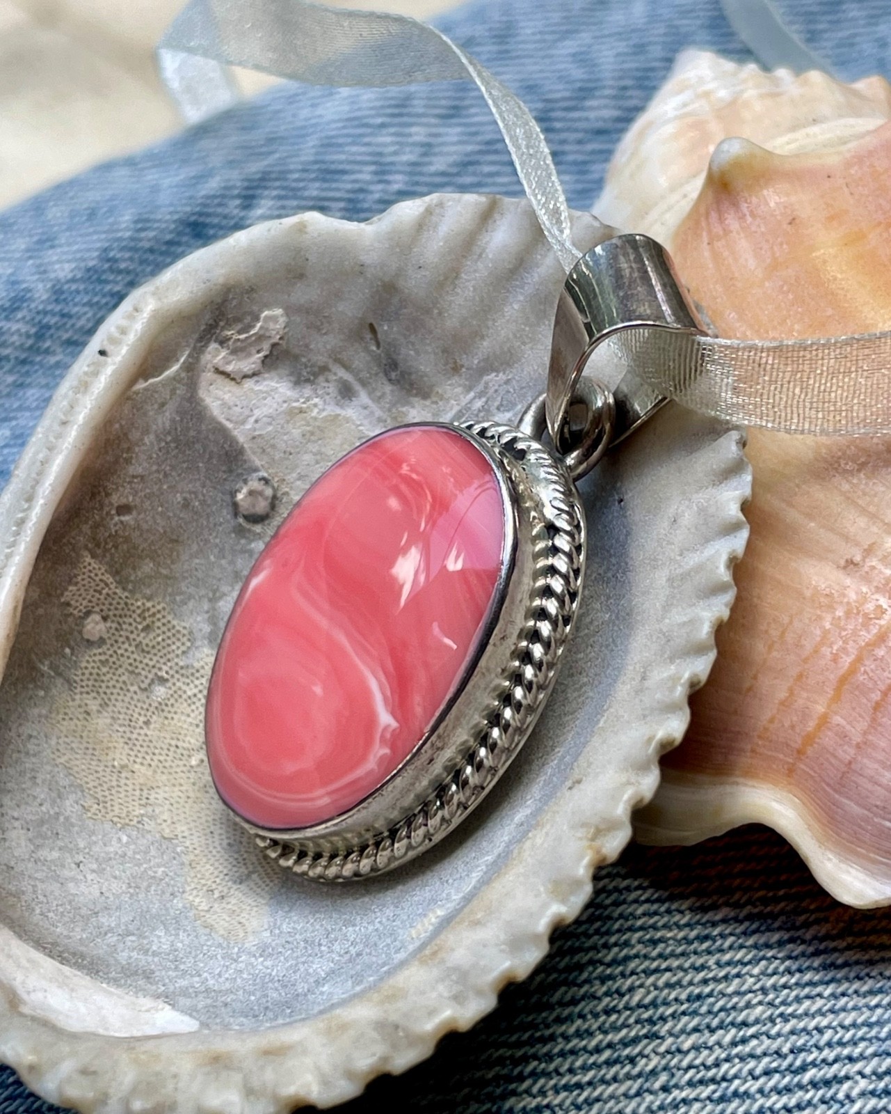 🎥 2″ Beach Peach Pink Spiny Oyster Sterling Silver Mexico Pendant Orange Vtg