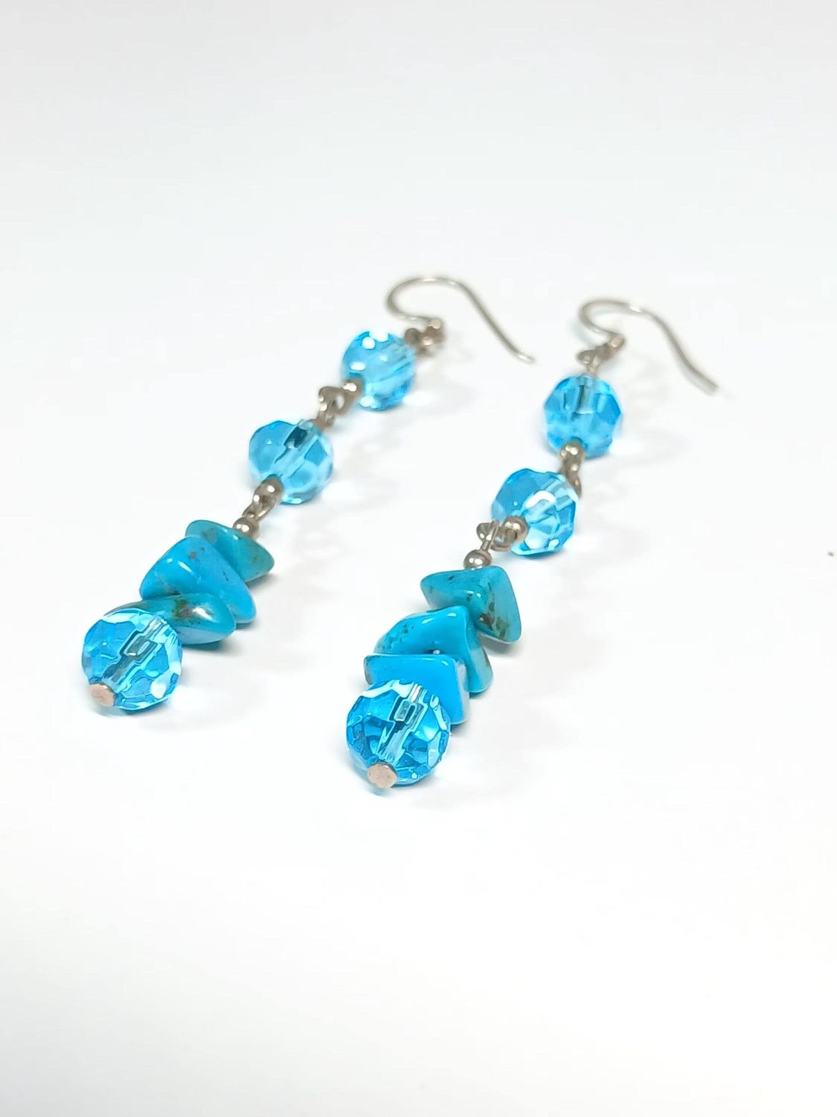 Sterling Silver Turquoise Chip Blue Crystal Dangle Earrings