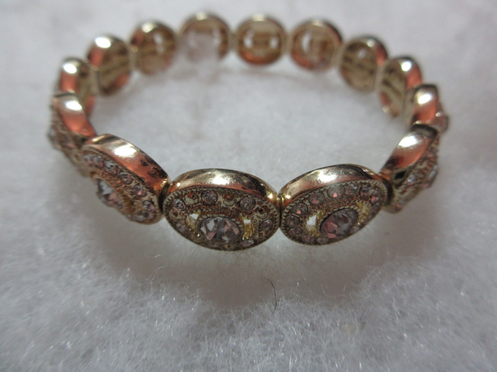 6 Older Rhinestone Bracelets Stretch Mostl Gold Tone 7.5″ Pink Green Gray Pearl