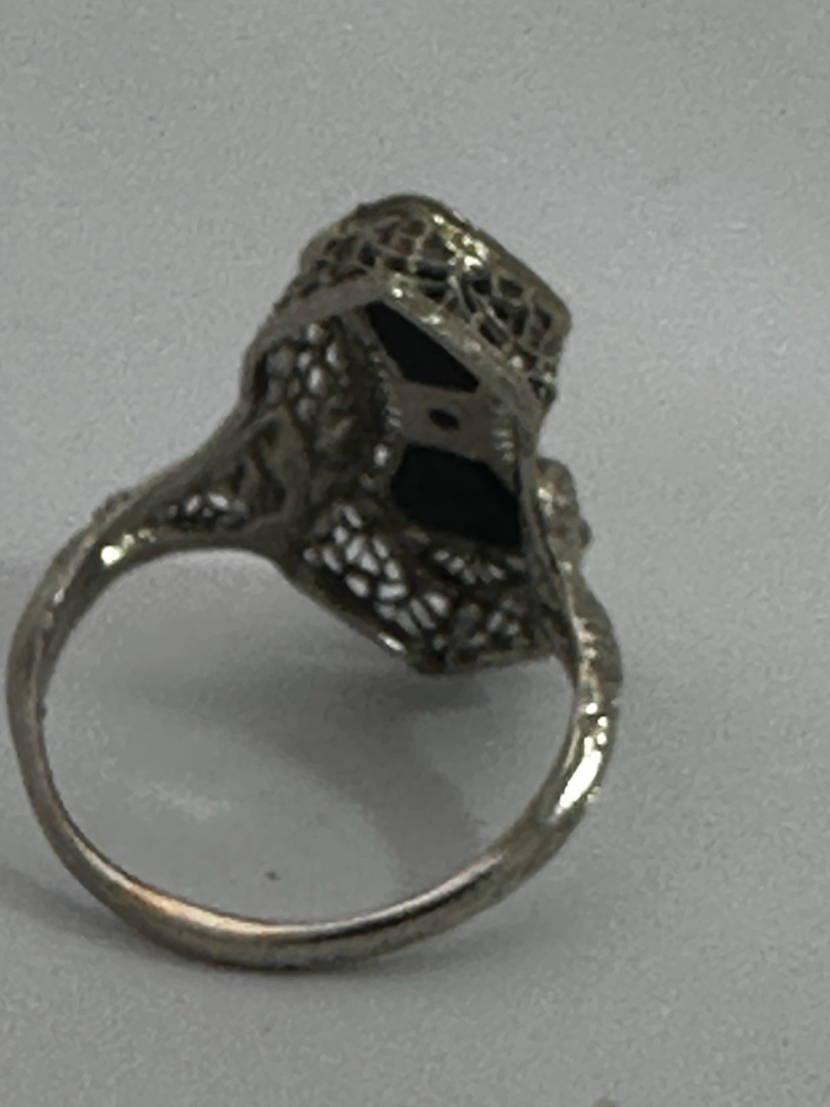 Vintage 14k White Gold Estate Onyx Diamond Ring Filigree Art Deco