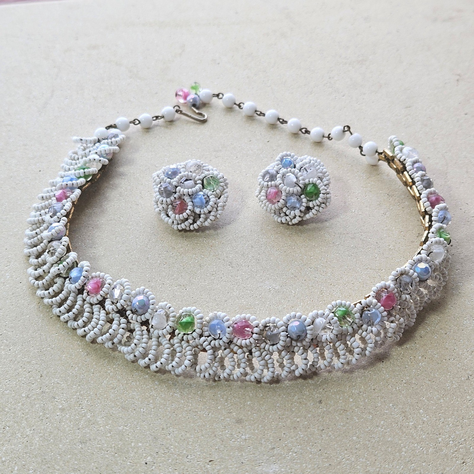 Vtg 50s White Seed Bead Pastel Glass Choker Necklace and Clip On Earrings Set