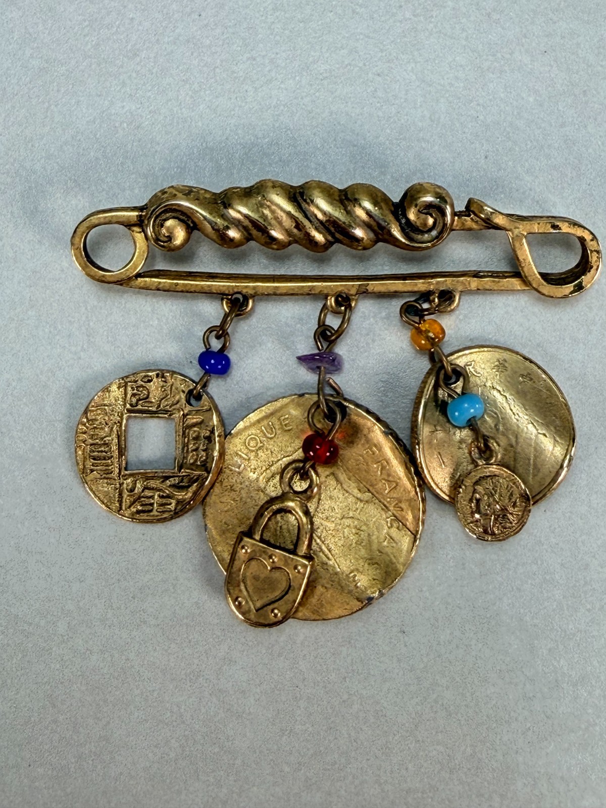 Vintage Brooch Pin Dangling Gemstone Crystal Coins