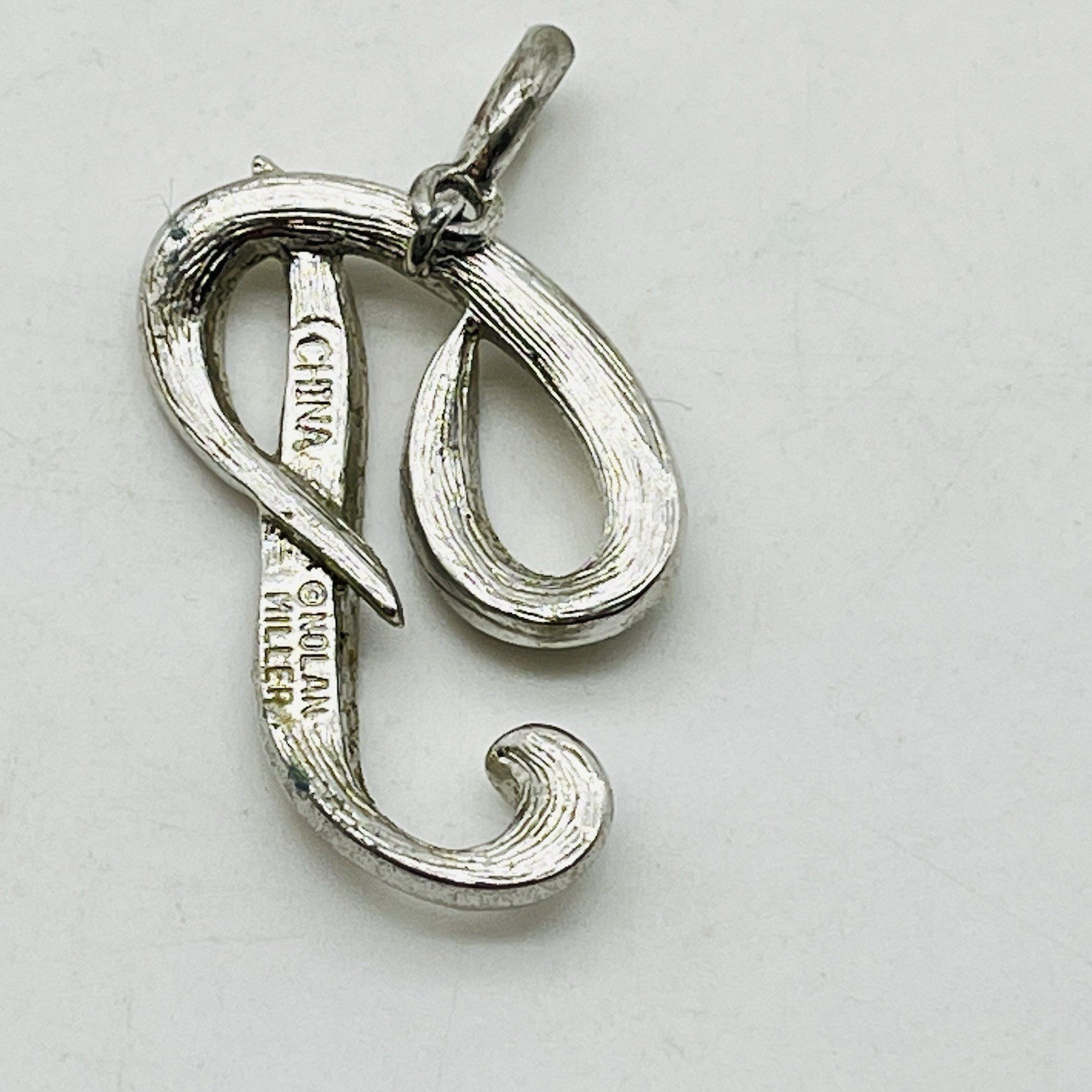 Nolan Miller Monogram Pendant Cursive Letter P Rhinestone Silver Tone 1.5″