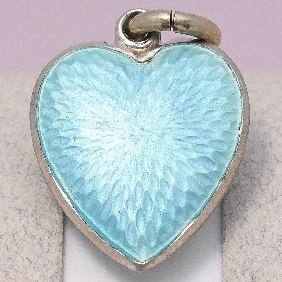 Antique Victorian HEART Guilloche Blue Enamel Sterling Silver Charm Pendant