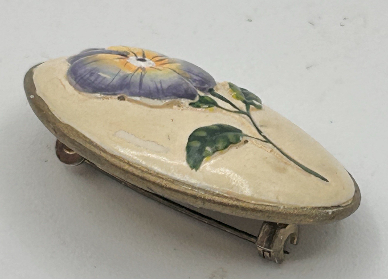 Vintage Ceramic Hand Painted Blue Flower Brooch Not Marked 1.25″